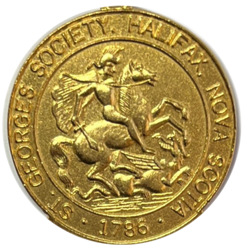 RSGS medal in gold Medal shows st. gorge slaying a dragon. Text on the medal reads :St. George's Society, Halifax, Nova Scotia, 1786".